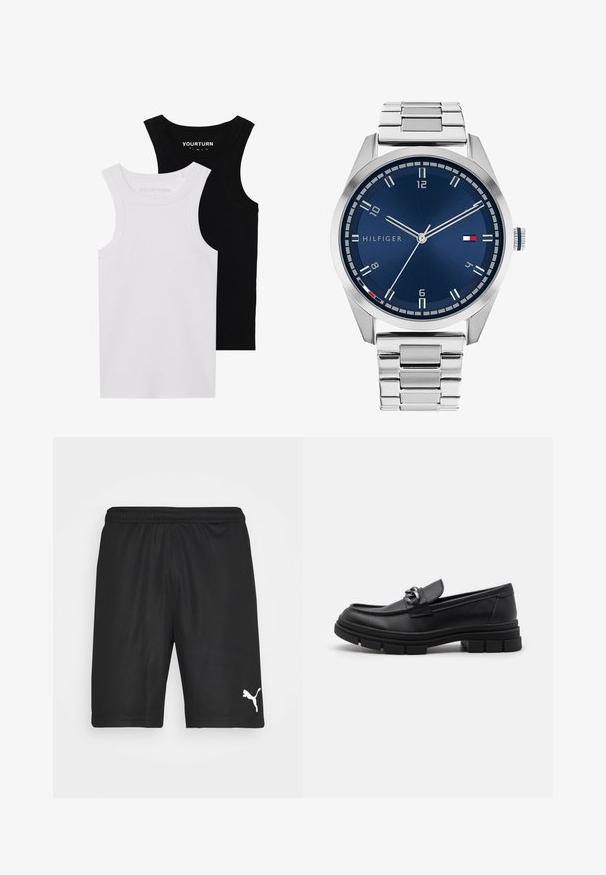 Du šonuotos liemenėlės juodos ir baltos spalvos. Pagamintos iš matinio medvilnės, jos turi plačias petnešas ir apvalius iškirpimus. Logotipas ant apykaklės.; Juodos sportinės šortai, pagaminti iš lengvos medžiagos, su elastingu juosmeniu ir balta Puma logo kairėje apatinėje dalyje.; Juodos odinės loafer'iai su apvalia priekiu, dekoratyvine juostele ir metaliniais elementais, taip pat storiu tekstūruotu padu. Lygus paviršius su subtiliu detalizavimu.; Sidabrinis metalinis laikrodis su šlifuotu mėlynu ciferblatu, baltais valandų žymekliais ir datos indikacija. Yra metalinė grandinė ir prekės ženklo logotipas.