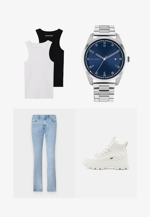 Du šonuotos liemenėlės juodos ir baltos spalvos. Pagamintos iš matinio medvilnės, jos turi plačias petnešas ir apvalius iškirpimus. Logotipas ant apykaklės.; Šviesiai mėlyni džinsai su tiesiomis kelnėmis, penkių kišenių dizainu ir mygtuko uždarymu. Lygus paviršius ir tolygus nusidėvėjimas.; Baltos kulkšninių sportbačiai su tekstūruota apdaila, storu guminio pado, ir paminkštintu apvadu. Yra raištinių dizainas ir logotipo akcentas.; Sidabrinis metalinis laikrodis su šlifuotu mėlynu ciferblatu, baltais valandų žymekliais ir datos indikacija. Yra metalinė grandinė ir prekės ženklo logotipas.