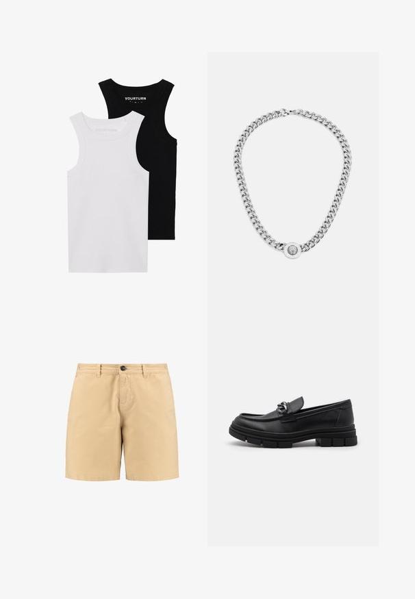Dva uska tank top majice u crnoj i bijeloj boji. Izrađene od rebrastog pamuka, imaju široke naramenice i zaobljene izreze vratova. Logo na ovratniku.; Bež pamuk kratke hlače s kopčanjem na dugme, prednjim džepovima i petljama za remen. Jednostavan dizajn ravnog kroja i glatke teksture.; Crne kožne mokasine s zaobljenim vrhom, dekorativnom trakom i hardverom, te masivnom teksturiranom potplatom. Glatka površina s suptilnim detaljima.; Srebrna lančana ogrlica s debelim karikama i središnjim okruglim privjeskom s složenim detaljima. Glatka, reflektirajuća metalna površina.