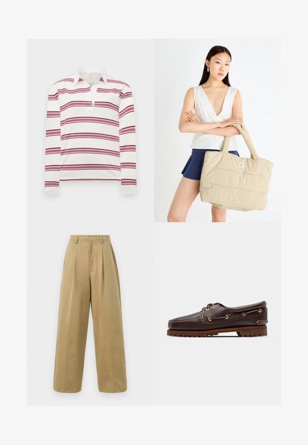 Camisa polo de manga longa em branco com riscas horizontais em bordeaux e rosa, apresentando um colarinho contrastante e uma pala para um decote aberto.; Calças largas em caqui, feitas de uma mistura de algodão, com frente lisa e pregas, fecho de botão e um acabamento suave.; Sandal de barco em couro castanho com ilhós dourados, atacadores redondos e uma sola de borracha castanha texturizada. Apresenta detalhes costurados e um logótipo em relevo.; Saco tote bege acolchoado com textura almofadada e alças robustas, apresentando um pequeno logo na frente. Modelo a usar uma blusa branca e uma saia azul-marinho.