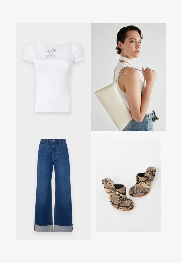 Valge sobiv t-särk ruudukujulise kaeluse ja lühikeste varrukatega. Tagaküljel on väike trükitud logo ja hooldusjuhised.; Abercrombie & Fitch HEM 90S  RELAXED  - Avar lõikega teksad - dark blue denim; Friends Like These T-rihmaga sandaalid - snake print; Valge ristkülikuline kotti, mis on valmistatud läikivast materjalist, hõbedase ahelsangaga. Mudel poseerib, tutvustades kotti ühtlase taustaga.