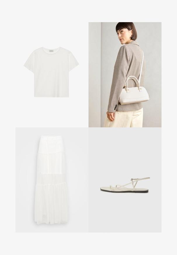 Valge lühikeste varrukatega t-särk, mis on valmistatud pehmest puuvillast. Omab ümmargust kaelust ja mugavat lõiget. Puhtad jooned, ilma nähtavate mustrite või aktsentideta.; Valge mitme kihiga maxi seelik elastse vöökohtaga. Valmistatud kergest kangast, omab poolläbipaistvaid kihte ja voolavat disaini.; Bežid lame sandaal, millel on mitu peenikest rihma ja reguleeritav pandla. Tallal on lame pind, mille ääres on kerge tumedam kontrast.; Valge struktureeritud käekott lühikeste käepidemete ja õlavööga, millel on kuldse riistvara aktsendid ja tekstuuriga materjal, eksponeeritud halli taustal.