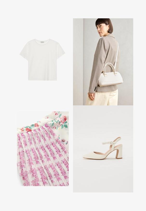Balta trumpa rankovė T-marškiniai, pagaminti iš minkštos medvilnės. Charakterizuojami apvali kaklo iškirpte ir laisvu siluetu. Švarus dizainas be matomų raštų ar akcentų.; Gėlių suknelė su baltu fonu, rožinėmis ir žaliomis gėlių raštais, klostuota konstrukcija ir lygaus audinio tekstūra.; Kreminės spalvos klasikės su smailiu bato pirštu ir storu kulnu. Apyrankė plona, su apvaliu užsegimu, o oda lygi.; Balta struktūruota rankinė su trumpomis rankenomis ir peties diržu, su auksinėmis detalėmis ir tekstūruota medžiaga, pastatyta prieš pilką foną.