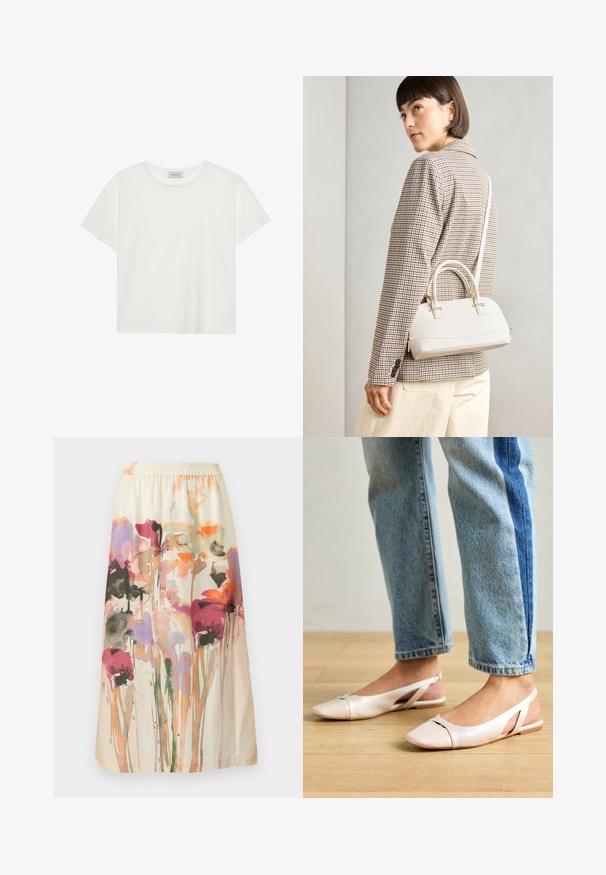 Balta trumpa rankovė T-marškiniai, pagaminti iš minkštos medvilnės. Charakterizuojami apvali kaklo iškirpte ir laisvu siluetu. Švarus dizainas be matomų raštų ar akcentų.; Gėlių rašto sijonas su kreminiu fono; turi spalvingus, abstrakčius gėlių raštus rožinės, violetinės ir oranžinės spalvų; elastinga juosmens dalis.; Šviesiai rožiniai slingback baleto bateliai su smailiu pirštu, pagaminti iš lygios odai panašios medžiagos. Yra išpjovimų detalės šonuose ir plokščias kulnas.; Balta struktūruota rankinė su trumpomis rankenomis ir peties diržu, su auksinėmis detalėmis ir tekstūruota medžiaga, pastatyta prieš pilką foną.