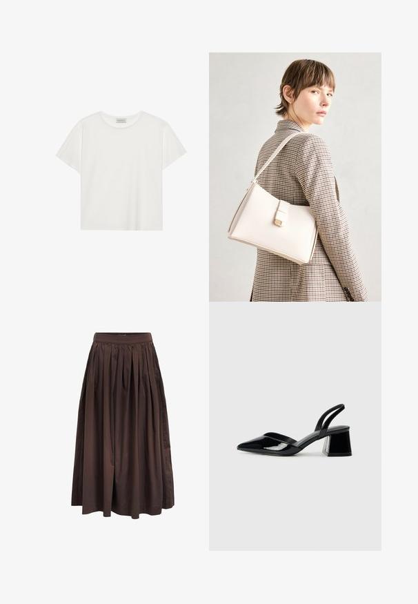 T-shirt blanc à manches courtes en coton doux. Présente un col rond et une coupe décontractée. Design épuré sans motifs ni accents visibles.; Jupe midi plissée marron avec taille haute, fabriquée en tissu lisse, présentant une silhouette ample et des poches latérales pour plus de fonctionnalité.; Escarpins en cuir verni noir avec bout pointu et talon bloc géométrique. Présente un design élégant et minimaliste ainsi qu'une texture lisse.; Sac à main en cuir blanc au design structuré, doté d'un fermoir magnétique et d'une bandoulière, présenté sur un fond neutre.