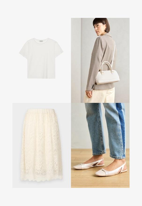 Hvit T-skjorte med kort erm laget av myk bomull. Har rund hals og avslappet passform. Rent design uten synlige mønstre eller aksenter.; Lace skjørt i kremfarge med et teksturert blomstermønster, elastisk liv og bølget kant for ekstra detalj.; Lys rosa slingback leiligheter med spiss tå, laget av et glatt, læraktig materiale. Har utskjæringer på sidene og lav hæl.; Hvit strukturert håndveske med korte håndtak og skulderreim, med detaljer i gullfinish og teksturert materiale, vist mot en grå bakgrunn.