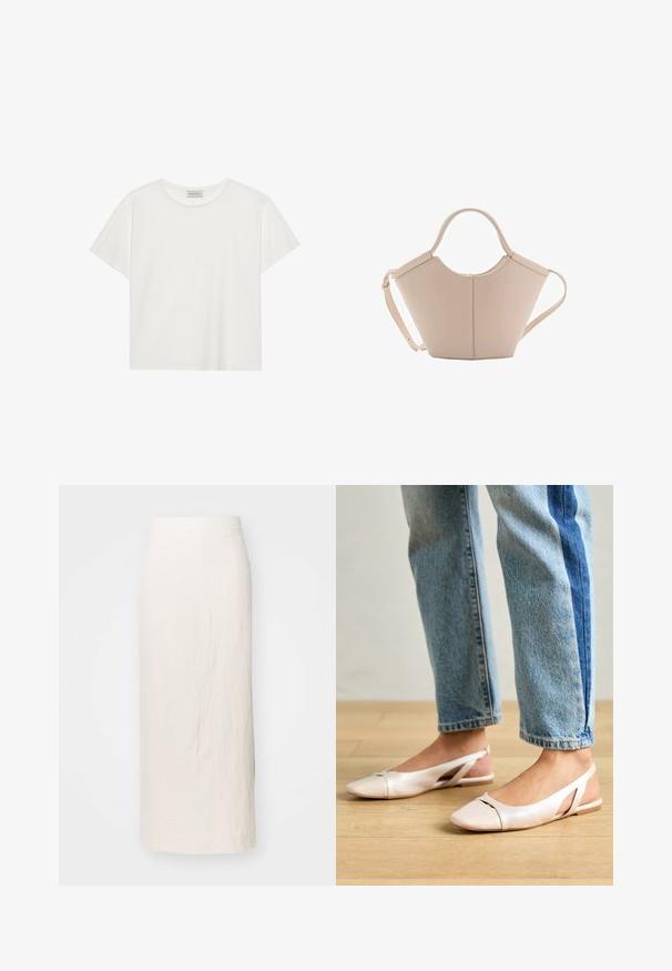 Valkoinen lyhythihainen T-paita, joka on valmistettu pehmeästä puuvillasta. Siinä on pyöreä kaula-aukko ja rento istuvuus. Siisti muotoilu ilman näkyviä kuvioita tai yksityiskohtia.; Kermansieninen pellavahame, jossa on suora siluetti ja polvipituus. Ominaisuuksia on puhdas vyötärönauha ja hienovarainen tekstuuri. Ei näkyvää metalliosaa tai korostusta.; Vaaleanpunaiset slingback-ballerinat, joissa on terävä kärki, valmistettu sileästä nahkamaisesta materiaalista. Sivujen leikkuuyksityiskohdat ja tasapohja.; Vaaleanbeige nahkainen käsilaukku, jossa on ainutlaatuinen muoto, varustettuna kahdella lyhyellä kahvalla ja yhdellä pitkällä säädettävällä hihnalla. Sujuva pinta ja vähän metalliosia.