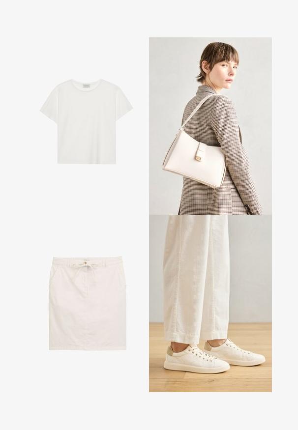 Witte T-shirt met korte mouwen, gemaakt van zachte katoen. Heeft een ronde halslijn en een relaxte pasvorm. Schoon ontwerp zonder zichtbare patronen of accenten.; Witte katoenen rok met een trekkoord in de taille, twee zijzakken en een rechte snit. Subtiele textuur met een gladde afwerking.; Crèmekleurige sneakers met bovenwerk van textuurstof, contrasterende beige hak en platte rubberen zool. Vetersluiting met zes oogjes.; Witte leren handtas met een gestructureerd ontwerp, voorzien van een magneetsluiting en een schouderriem, tentoongesteld tegen een neutrale achtergrond.