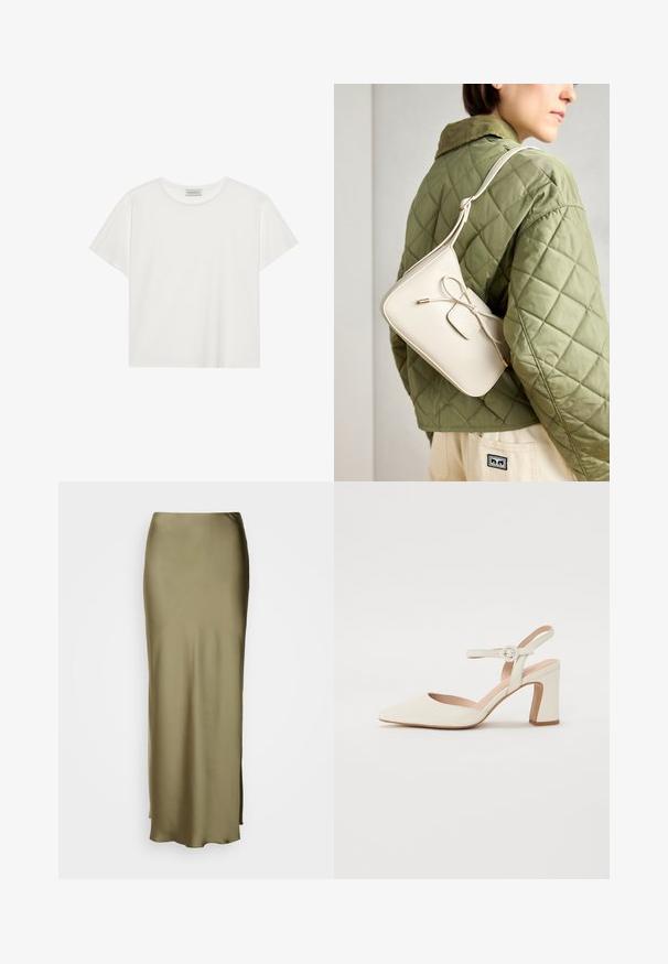 Fehér, rövid ujjú póló, puha pamutból készült. Kerek nyakkivágással és laza szabással rendelkezik. Tiszta dizájn, látható minták vagy díszítések nélkül.; Lindex SKIRT MARY - Maxi szoknya - dusty green; Hegyes orrú, krémszínű magassarkú cipő, tömbsarkúval. Jellemzője egy vékony bokaheveder kerek csattal és sima bőrszerkezet.; Beige színű bőr keresztpántos táska masni részlettel, arany színű fém kiegészítőkkel és egy állítható pánttal, zöld steppelt dzsekin viselve.