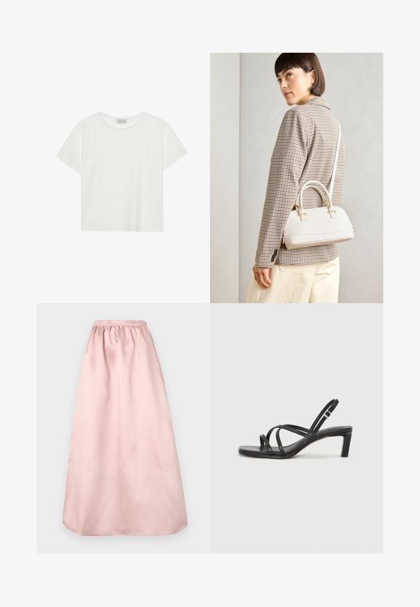 Fehér, rövid ujjú póló, puha pamutból készült. Kerek nyakkivágással és laza szabással rendelkezik. Tiszta dizájn, látható minták vagy díszítések nélkül.; Rózsaszín, földig érő A-vonalú szoknya sima, selyemszerű anyagból. Ráncolt derékpántja a kényelmes viselet érdekében készült, és zökkenőmentes szegéllyel rendelkezik.; Fekete pántos szandál négyzetes orral és alacsony blokk sarkal. Több vékony pánttal és állítható boka pánttal rendelkezik. Sima bőrből készült.; Fehér, strukturált kézitáska rövid füllel és vállpánttal, arany színű fém kiegészítőkkel és texturált anyagból, szürke háttér előtt bemutatva.
