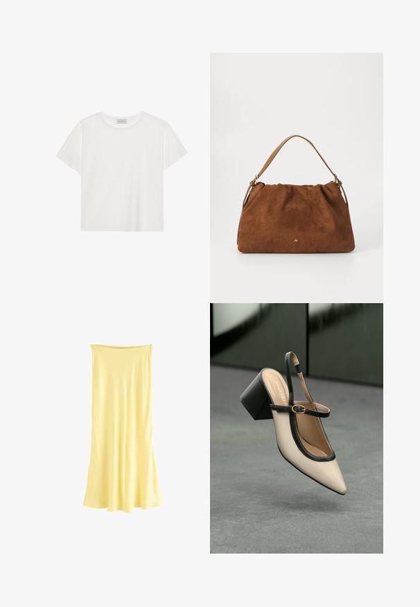 Valge lühikeste varrukatega t-särk, mis on valmistatud pehmest puuvillast. Omab ümmargust kaelust ja mugavat lõiget. Puhtad jooned, ilma nähtavate mustrite või aktsentideta.; Kollane, avatud õlgadega, põlveliigini ulatuv kleit, mis on valmistatud siledast, kergest kangast, omab voolavat siluetti ja sirget kaelust.; Beesidega teravatoe slingback king, musta äär ja kuldne pandla, tummise plokk-kontsa peal hallil põrandal tumesinise tausta ees.; Pruun nubukist käekott, millel on kokku tõmmatud disain, ühesaanvärvilise naha rihmaga ja esiküljel peen kuldne logo detail.