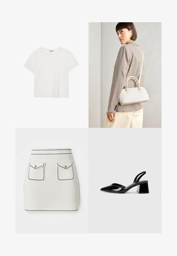 T-shirt bianco a maniche corte realizzato in morbido cotone. Presenta un collo rotondo e una vestibilità comoda. Design pulito senza modelli o dettagli visibili.; Mini gonna di tessuto bianco con cuciture nere, caratterizzata da due tasche frontali con pattine e dettagli in bottone argentato. Texture liscia con una forma strutturata.; Décolleté in vernice nera con punta affusolata e tacco in geometria cubica. Presentano un design elegante e minimalista, con una texture liscia.; Borsa a mano bianca strutturata con manici corti e tracolla, dotata di dettagli in metallo dorato e materiale testurizzato, esposta su uno sfondo grigio.