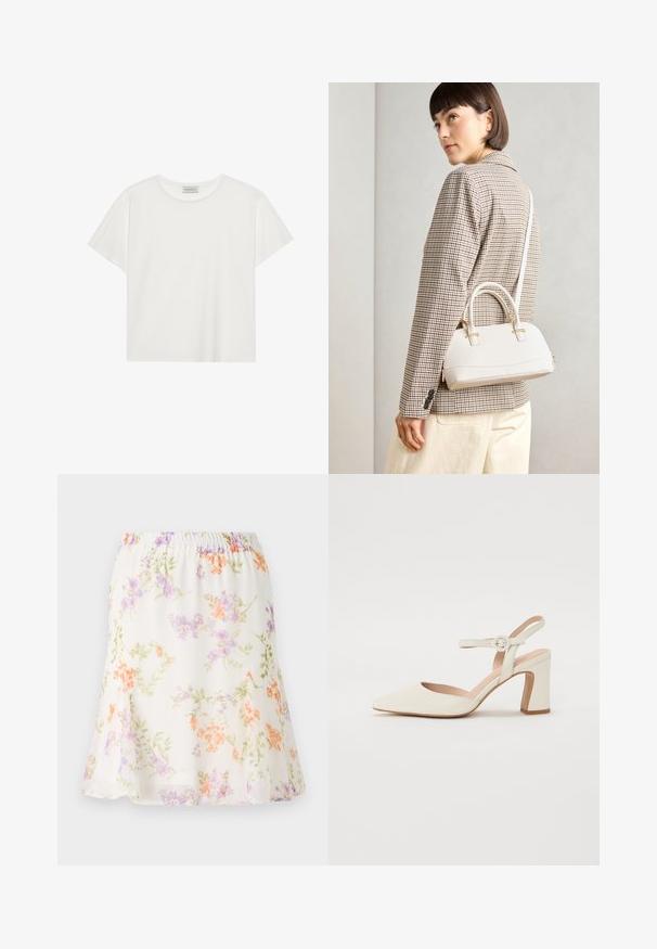 Bela kratkotrajna majica s kratkimi rokavi, narejena iz mehke bombažne tkanine. Ima okroglo ovratnico in sproščen kroj. Čist dizajn brez vidnih vzorcev ali akcentov.; Cvečni krilo iz lahkega, prosojnega materiala; ima elastičen pas in vzorec oranžnih, vijoličnih in zelenih cvetlic na kremnem ozadju.; Čevlji s koničastim nosom v kremni barvi z blokastim peto. Imajo tanki trak okoli gležnja z okroglo sponko in gladko usnjeno teksturo.; Bela strukturirana torba z kratkimi ročaji in naramnim trakom, z zlatimi okrasnimi elementi in teksturiranim materialom, prikazana na sivi podlagi.
