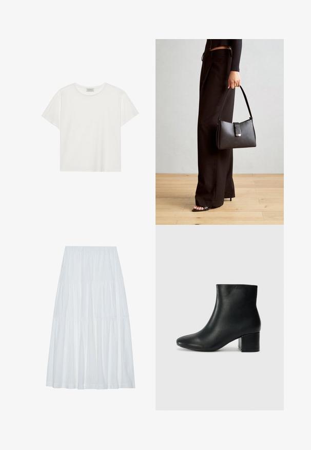Weißes T-Shirt mit kurzen Ärmeln aus weicher Baumwolle. Verfügt über einen runden Halsausschnitt und eine lockere Passform. Sauberes Design ohne sichtbare Muster oder Akzente.; Weißer, gestufter Midi-Rock mit elastischem Bund, der aus einem strukturierten Stoff mit dezenten vertikalen Streifen besteht.; Schwarze Leder-Ankle-Boots mit spitzem Zehenbereich und klobigem Absatz. Glatte Textur mit minimalen Akzenten und einem eleganten, taillierten Design.; Schwarze Handtasche mit strukturierter Form, glatter Textur und einem metallischen Verschluss. Kombiniert mit weiten schwarzen Hosen und offenen Sandalen auf einem Holzboden.
