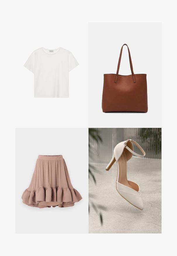 Hvit T-skjorte med kort erm laget av myk bomull. Har rund hals og avslappet passform. Rent design uten synlige mønstre eller aksenter.; Lys brun kne-lengde skjørt laget av mykt stoff, med en bred linning og en utringet, lagdelt volangkant. Jevn tekstur gjennom hele.; Hvit høyhælte sko i glatt materiale med spiss tå og ankelreim. Har en lys tan interiør og detaljer i gullfarge.; Brun lær tote veske med en jevn tekstur, åpen toppdesign og to skulderstropper. Har minimal søm og ingen synlige spiker.