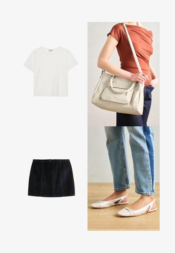 Balta trumpa rankovė T-marškiniai, pagaminti iš minkštos medvilnės. Charakterizuojami apvali kaklo iškirpte ir laisvu siluetu. Švarus dizainas be matomų raštų ar akcentų.; Tamsios džinsinės mini sijonas, pasižymintis kontrastinga geltona siūle, aptempta siluetu ir užtrauktuku. Klasikinis penkių kišenių dizainas.; Šviesiai rožiniai slingback baleto bateliai su smailiu pirštu, pagaminti iš lygios odai panašios medžiagos. Yra išpjovimų detalės šonuose ir plokščias kulnas.; Balta odinė rankinė su dviem rankenomis ir nuimama petneša, turinti priekinį užtrauktuką ir lygų paviršių. Nešama ant žmogaus rankos.