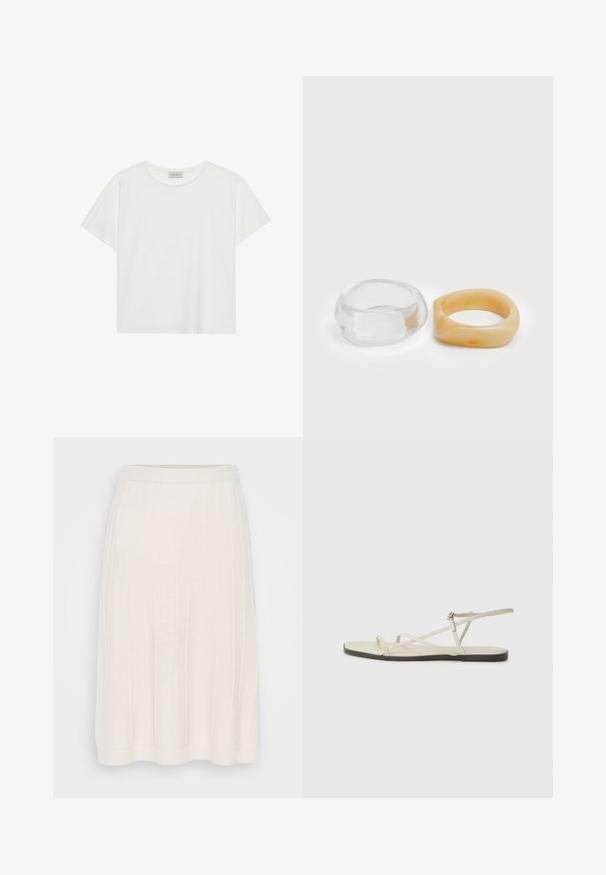 Tricou alb cu mânecă scurtă, made din bumbac moale. Are un guler rotund și o croială lejeră. Design curat, fără modele sau accente vizibile.; Fustă albă din tricot cu nervuri, cu un brâu, care ajunge până la jumătatea gambei. Prezintă linii verticale și o textură moale. Siluetă simplă, în formă de A.; Sandalie plate bej cu multiple bretele subțiri și o cataramă ajustabilă. Talpa este plată, cu un ușor contrast întunecat la margine.; Inele din rășină clară și chihlimbar, unul neted și transparent, iar celălalt cu o finisare texturată, de chihlimbar. Ambele au un design rotund și suculent.