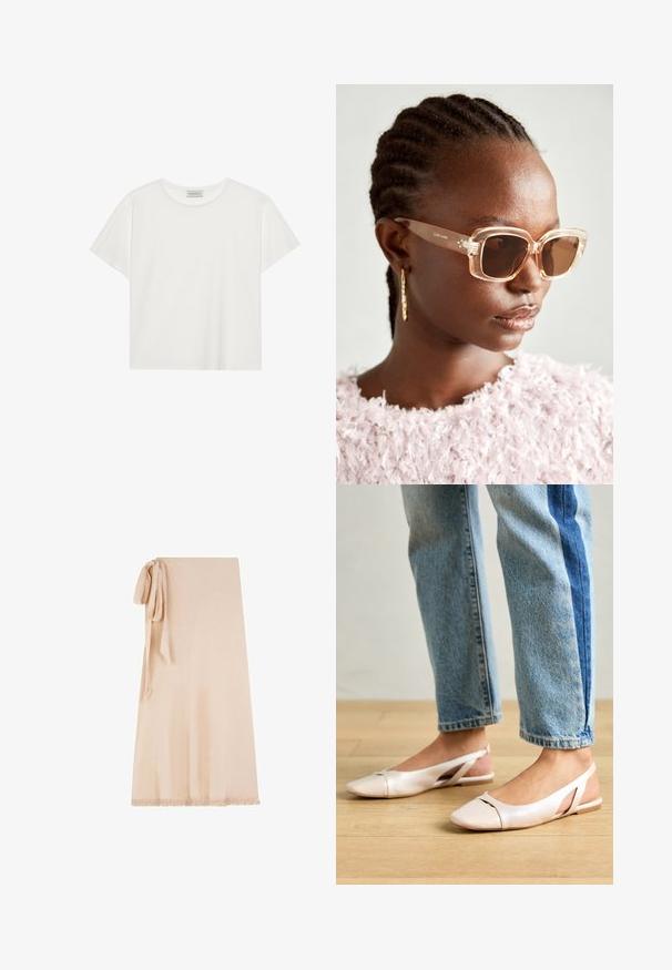 Valkoinen lyhythihainen T-paita, joka on valmistettu pehmeästä puuvillasta. Siinä on pyöreä kaula-aukko ja rento istuvuus. Siisti muotoilu ilman näkyviä kuvioita tai yksityiskohtia.; Beige wrap-hame made of soft fabric with a textured surface, featuring a tied accent on one side and a fringed hem at the bottom.; Vaaleanpunaiset slingback-ballerinat, joissa on terävä kärki, valmistettu sileästä nahkamaisesta materiaalista. Sivujen leikkuuyksityiskohdat ja tasapohja.; Beige-yksinkertaiset aurinkolasit, joissa on kirkas kehys ja ruskeat sävytetyt linssit, jotka sisältävät hienovaraisia kukkakuvioita ja rohkeaa geometristä muotoilua.