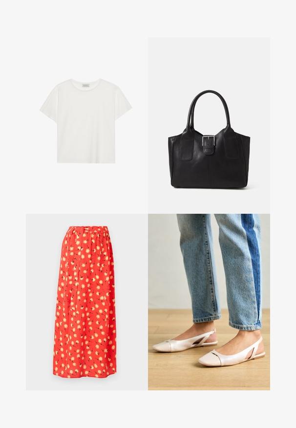Bílé tričko s krátkým rukávem vyrobené z měkké bavlny. Má kulatý výstřih a volný střih. Čistý design bez viditelných vzorů nebo akcentů.; Červená maxi sukně vyrobená z lehkého materiálu, s květinovým vzorem žlutých sedmikrásek a černými detaily. Elastický pas pro pohodlí.; Světle růžové slingback baleríny s špičatou špičkou, vyrobené z hladkého koženému materiálu. Obsahují vystřihovací detaily po stranách a plochý podpatek.; Černá kožená tote taška s hladkým povrchem, strukturovaným tvarem, dvěma uchy a výrazným stříbrným detailem s přezkou na přední straně.