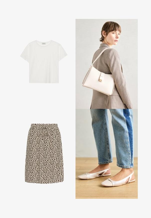 Biała koszulka z krótkim rękawem wykonana z miękkiej bawełny. Posiada okrągły dekolt i luźny krój. Czysty design bez widocznych wzorów czy akcentów.; Beżowa spódnica w panterkę, z elastycznym pasem i wiązaniem na sznurki. Wykonana z lekkiego materiału o miękkiej fakturze.; Jasnoróżowe baleriny na odkrytej pięcie z wąskim noskiem, wykonane z gładkiego materiału imitującego skórę. Posiadają wycięcia po bokach oraz płaski obcas.; Biała skórzana torebka o strukturalnym wzorze, z magnetycznym zapięciem i paskiem na ramię, zaprezentowana na neutralnym tle.