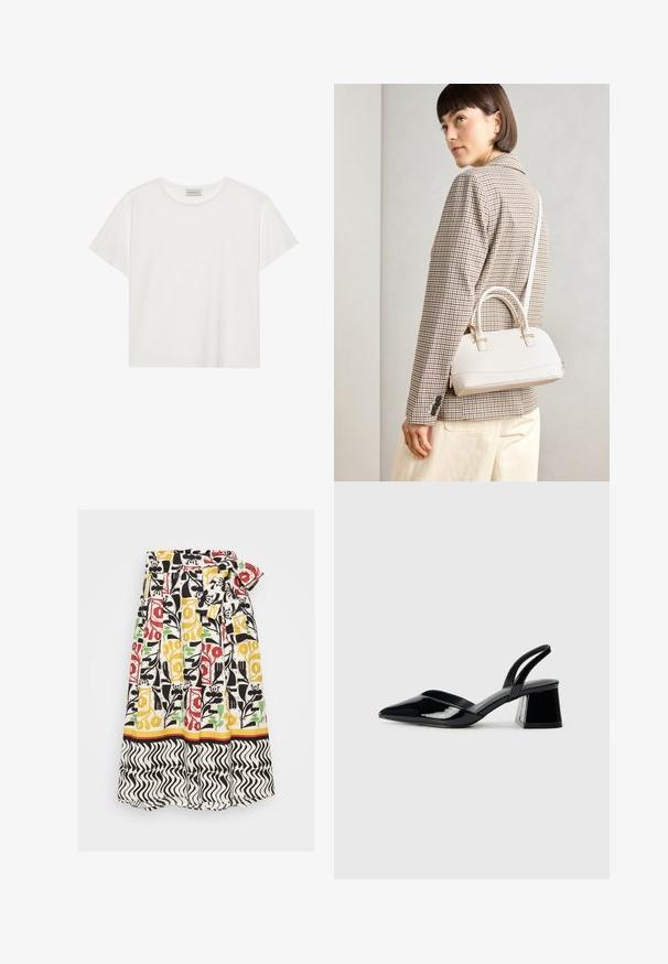 Valkoinen lyhythihainen T-paita, joka on valmistettu pehmeästä puuvillasta. Siinä on pyöreä kaula-aukko ja rento istuvuus. Siisti muotoilu ilman näkyviä kuvioita tai yksityiskohtia.; Hame floralikuosisilla, jossa on laskoksia ja värejä punainen, keltainen, vihreä ja musta vaalealla taustalla. Sisältää musta-valkoisen aaltoilevan helman.; Mustat patentoitu nahkakengät, joissa on säären takaosa ja terävä kärki, sekä geometrinen palikkakorko. Sisältää tyylikkään, minimalistisen muotoilun ja sileän pinnan.; Valkoinen rakenteellinen käsilaukku, jossa on lyhyet kahvat ja olkahihna, varustettu kultaisilla metalliosilla ja tekstuurilla, esillä harmaata taustaa vasten.