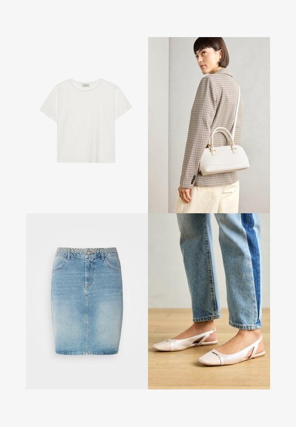 Fehér, rövid ujjú póló, puha pamutból készült. Kerek nyakkivágással és laza szabással rendelkezik. Tiszta dizájn, látható minták vagy díszítések nélkül.; Világoskék farmer szoknya, amely testhez simuló kialakítással készült, díszített mintás derékkal, elülső zsebekkel és enyhe kopással a fokozott textúra érdekében.; Világos rózsaszín slingback laposlábú cipők, hegyes orral, sima bőrhatású anyagból készült. Oldalt kivágott részletek találhatók rajta, valamint lapos sarkú.; Fehér, strukturált kézitáska rövid füllel és vállpánttal, arany színű fém kiegészítőkkel és texturált anyagból, szürke háttér előtt bemutatva.