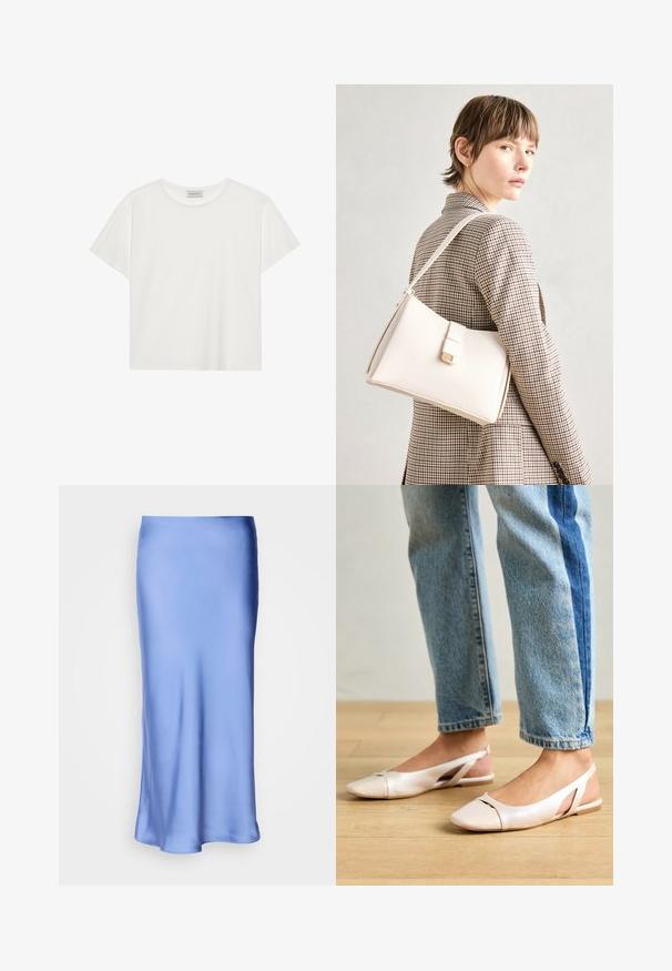 Witte T-shirt met korte mouwen, gemaakt van zachte katoen. Heeft een ronde halslijn en een relaxte pasvorm. Schoon ontwerp zonder zichtbare patronen of accenten.; Satijnen blauwe midi-rok met een gladde, glanzende afwerking. Uitlopende silhouet, de zoom loopt zachtjes gebogen, waardoor het vloeiende ontwerp wordt benadrukt.; Zachtroze slingback ballerina's met een spitse neus, gemaakt van een glad leerachtig materiaal. Bevat uitsnijdingen aan de zijkanten en heeft een platte hak.; Witte leren handtas met een gestructureerd ontwerp, voorzien van een magneetsluiting en een schouderriem, tentoongesteld tegen een neutrale achtergrond.