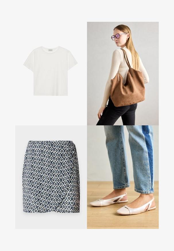 Valge lühikeste varrukatega t-särk, mis on valmistatud pehmest puuvillast. Omab ümmargust kaelust ja mugavat lõiget. Puhtad jooned, ilma nähtavate mustrite või aktsentideta.; Tumesinine ja valge mustriga ümbermähis seelik, millel on geomeetrilised kujundid, kerge kangas, kitsas vöökoht ja kerge langevus äärtes.; Kahvatu roosa slingback lapikute jalatsite paar, millel on terav varvas, valmistatud siledast nahataolisest materjalist. Omab külgedel lõikekohti ja lapikut kontsa.; Pruunist suedi kott pehme tekstuuriga, suure ava ja pikkade rihmadega. Omab lihtsat disaini nähtava õmblusega ja ilma metalldetailideta.