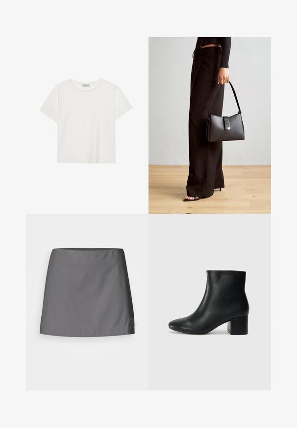 Valge lühikeste varrukatega t-särk, mis on valmistatud pehmest puuvillast. Omab ümmargust kaelust ja mugavat lõiget. Puhtad jooned, ilma nähtavate mustrite või aktsentideta.; Hallid hall seelik, mis on valmistatud kergest ja siledast kangast; omab sirget lõiget, puhast ääret ja diskreetset brändi silti küljel.; Mustad nahast pahkluu saapad terava varbaga ja jämeda kandaga. Sile tekstuur minimaalse aktsentidega ja stiilne, lihvitud disain.; Must musta kott, millel on struktureeritud kuju, sile tekstuur ja metallist klamber. Kombineeritud laiate mustade pükstega ja avatud varvaste sandaalidega puidust põrandal.