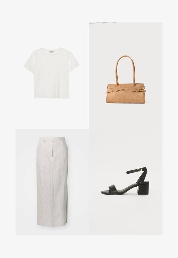 Tricou alb cu mânecă scurtă, made din bumbac moale. Are un guler rotund și o croială lejeră. Design curat, fără modele sau accente vizibile.; Fustă creion gri deschis, până la genunchi, realizată dintr-un material texturat, cu o talie ajustată, detalii subtile ale cusăturii și fără închideri vizibile.; Sandale cu toc înalt negre, cu un superior din piele netedă, vârf deschis, curele frontale late și curea pentru gleznă ajustabilă cu detaliu din aur.; Geantă din suede de culoare bej, cu două mânere lungi, formă rectangulară și cusături decorative. Dispune de o curea laterală și detalii subtile din aur.