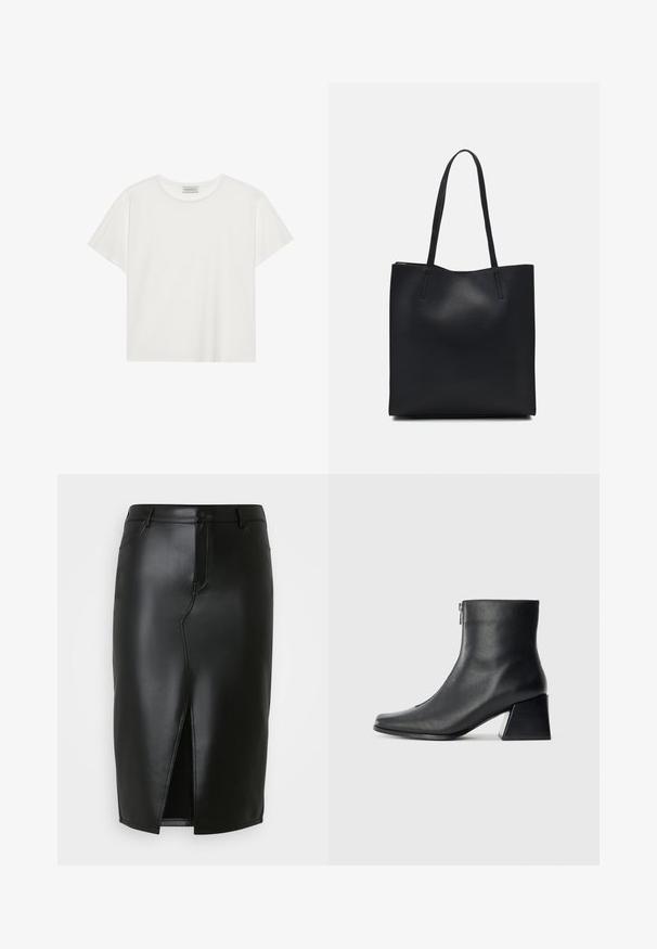 White short-sleeve T-shirt made of soft cotton. Features a round neckline and relaxed fit. Clean design with no visible patterns or accents.; Black leather pencil skirt with a high slit, featuring front pockets, a button closure, and smooth texture.; Black leather ankle boot with square toe, side zipper, and block heel against plain light background.; Black leather tote bag with smooth texture, rectangular shape, and two long handles. No visible hardware or embellishments.
