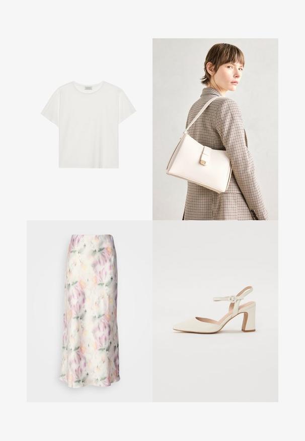 Weißes T-Shirt mit kurzen Ärmeln aus weicher Baumwolle. Verfügt über einen runden Halsausschnitt und eine lockere Passform. Sauberes Design ohne sichtbare Muster oder Akzente.; Florale Midirock aus leichtem Stoff, mit einem Aquarelldruck in Pastellfarben, fließendem Design und subtiler glänzender Oberfläche.; Spitz zulaufender, cremefarbener Pumps mit Blockabsatz. Verfügt über ein dünnes Knöchelriemchen mit einer runden Schnalle und einer glatten Lederoberfläche.; Weiße Lederhandtasche mit strukturiertem Design, ausgestattet mit einem Magnetverschluss und einem Schulterriemen, präsentiert vor einem neutralen Hintergrund.