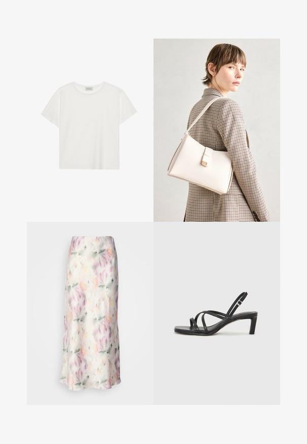 Camiseta blanca de manga corta hecha de suave algodón. Presenta un escote redondo y un corte relajado. Diseño limpio sin patrones o acentos visibles.; Falda midi floral en tejido ligero, con un estampado en acuarela en colores pastel, con un diseño fluido y un sutil brillo.; Sandalia negra de tiras con punta cuadrada y tacón bajo de bloque. Presenta múltiples tiras delgadas y una correa ajustable en el tobillo. Fabricada en cuero suave.; Bolso de mano de cuero blanco con un diseño estructurado, que presenta un cierre magnético y una correa para el hombro, exhibido sobre un fondo neutro.