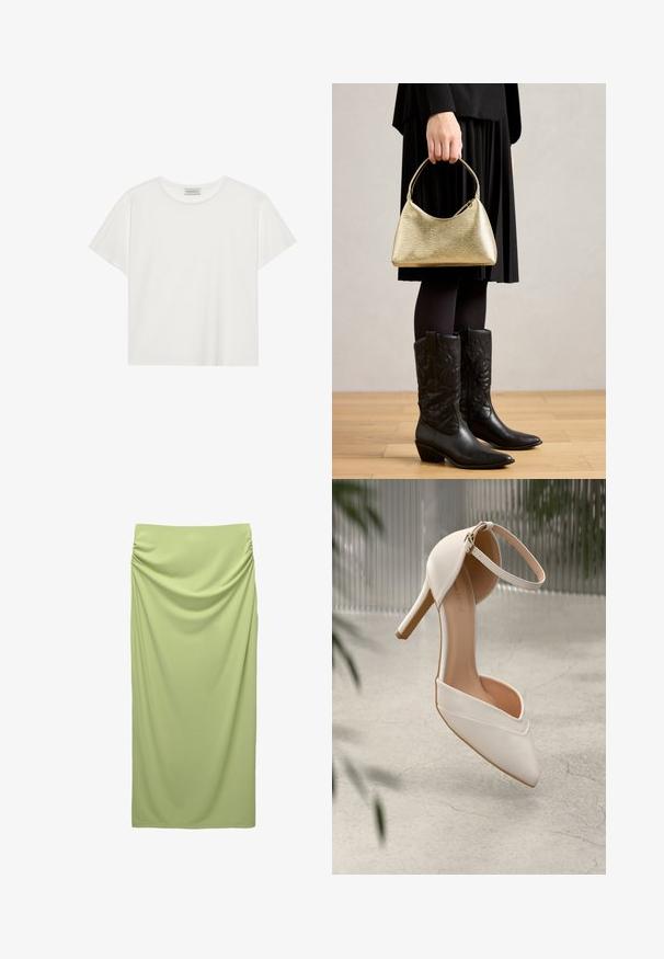Weißes T-Shirt mit kurzen Ärmeln aus weicher Baumwolle. Verfügt über einen runden Halsausschnitt und eine lockere Passform. Sauberes Design ohne sichtbare Muster oder Akzente.; Hoch-taillierter, bodenlanger Rock aus weichem, hellgrünem Stoff. Verfügt über geraffte Details an der Seite für Textur und Fall.; Weiße High Heels aus glattem Material mit spitzem Schuhschild und Knöchelriemen. Mit einem hellbraunen Innenleben und goldfarbener Hardware-Akzentuierung.; Goldfarbene Handtasche mit strukturierter Oberfläche in geschwungener Form und kurzem Griff, gehalten von einer Person in einem schwarzen plissierten Rock und schwarzen Leder-Stiefeln im Cowboy-Stil.
