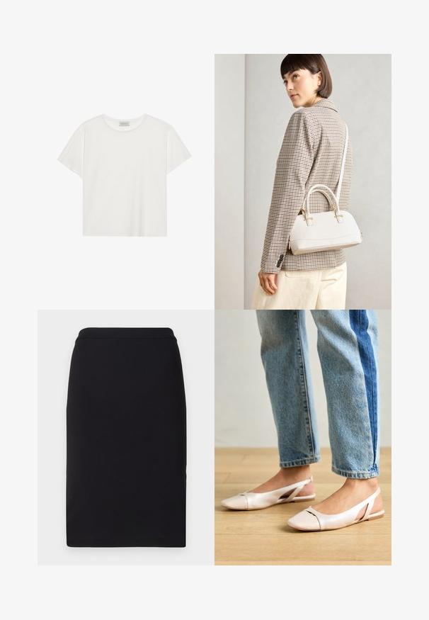 T-shirt branca de manga curta feita de algodão macio. Apresenta um decote redondo e um corte descontraído. Design limpo sem padrões ou detalhes visíveis.; Saia lápis preta feita de tecido elástico, com uma textura suave e um design justo e reto, apresentando uma cintura ajustada.; Sapatilhas slingback de cor rosa pálido com bico fino, feitas de um material semelhante a couro liso. Apresentam detalhes recortados nas laterais e um salto plano.; Bolsa estruturada branca com alças curtas e uma alça de ombro, com detalhes em hardware dourado e material texturizado, exibida contra um fundo cinza.