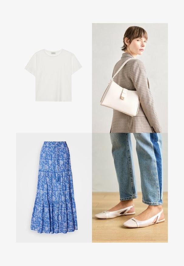 Biele tričko s krátkymi rukávmi vyrobené z jemnej bavlny. Má okrúhly výstrih a voľný strih. Čistý dizajn bez viditeľných vzorov alebo akcentov.; Modrá kvetinová maxi sukňa s bielymi vzormi, zhrnutými vo vrstvách a s elastickým pásom so šnúrkou a strapcami na leme. Bavlnený materiál.; Svetloružové slingback baleríny s jemne špicatou špičkou, vyrobené z hladkého materiálu pripomínajúceho kožu. Majú výrezové detaily na stranách a plochý opätok.; Biely kožený kabelka so štruktúrovaným dizajnom, s magnetickým uzáverom a ramenným popruhom, vystavená na neutrálnom pozadí.; Zlaté kruhové náušnice s hladkým, zaobleným dizajnom. Tenké a ľahké, s nepřerušeným okruhom bez akýchkoľvek ozdôb.