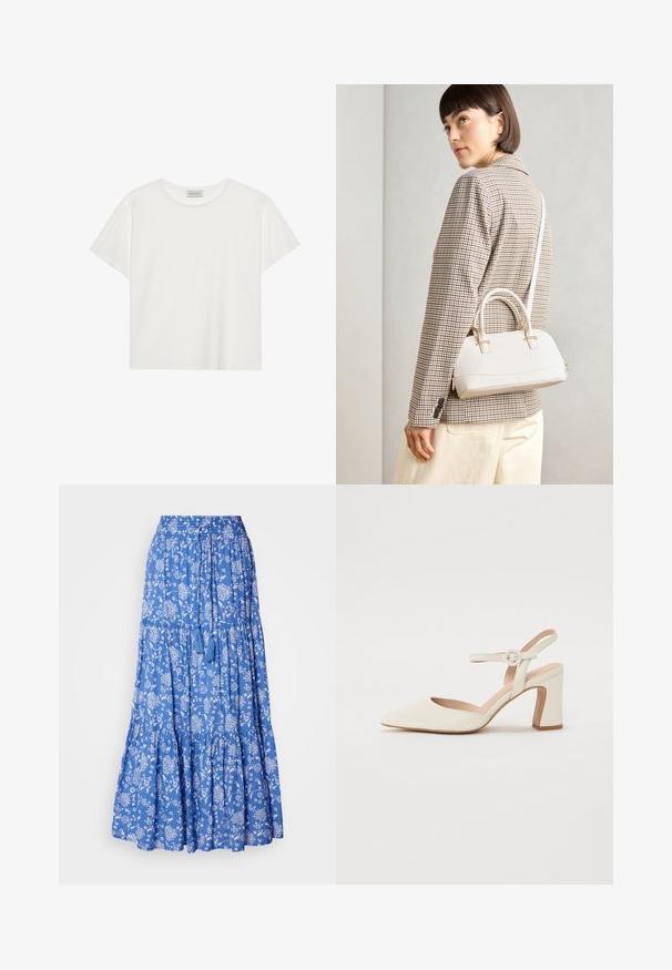 Bílé tričko s krátkým rukávem vyrobené z měkké bavlny. Má kulatý výstřih a volný střih. Čistý design bez viditelných vzorů nebo akcentů.; Modrá květinová maxi sukně s bílými vzory, řasenými volány a páskem na stažení, který má třásničky na spodním lemu. Bavlněný materiál.; Kopie s špičatou špičkou, krémové lodičky s blokovým podpatekem. Obsahuje tenký pásek kolem kotníku s kulatou sponou a hladkou koženou texturu.; Bílá strukturovaná kabelka s krátkými uchy a ramenním popruhem, zdobená zlatými kovovými prvky a texturovaným materiálem, vystavená na šedém pozadí.