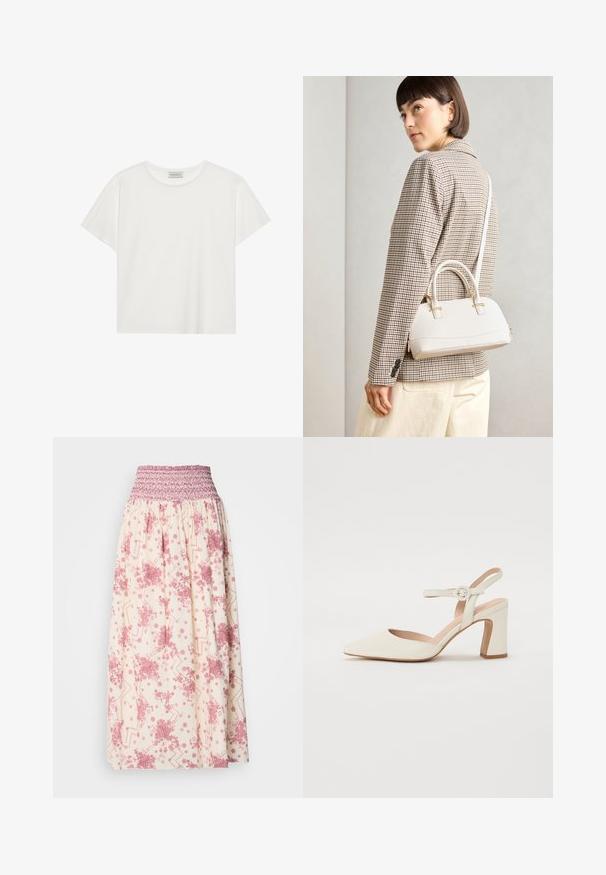Witte T-shirt met korte mouwen, gemaakt van zachte katoen. Heeft een ronde halslijn en een relaxte pasvorm. Schoon ontwerp zonder zichtbare patronen of accenten.; Maxi rok in crème met roze bloem- en geometrische patronen. Heeft een gesmokte taille voor een verstelbare fit, gemaakt van lichtgewicht stof.; Puntige crèmekleurige pump met een blokhak. Voorzien van een dunne enkelband met een ronde gesp en een soepele leren textuur.; Witte gestructureerde handtas met korte handvatten en een schouderband, voorzien van gouden hardwareaccenten en een textuurmateriaal, tentoongesteld tegen een grijze achtergrond.
