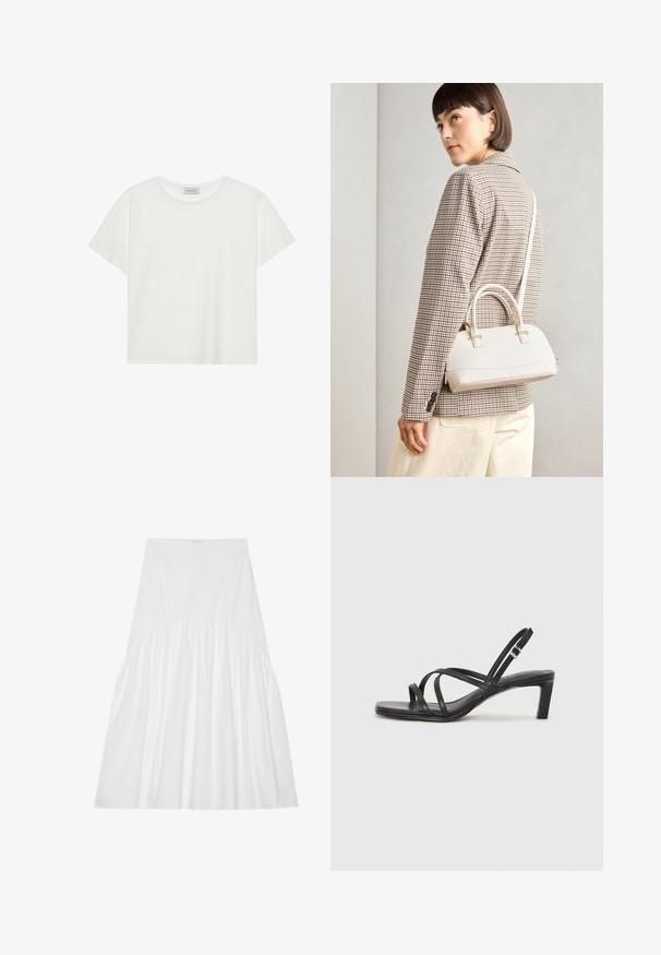 Weißes T-Shirt mit kurzen Ärmeln aus weicher Baumwolle. Verfügt über einen runden Halsausschnitt und eine lockere Passform. Sauberes Design ohne sichtbare Muster oder Akzente.; Weißer, knielanger Rock aus Baumwolle. Besitzt eine geraffte Detailverarbeitung an der Taille, eine glatte Textur und eine einfache, klassische A-Linien-Silhouette.; Schwarze Sandale mit Riemchen, quadratischer Zehenform und niedrigem Blockabsatz. Verfügt über mehrere dünne Riemen und einen verstellbaren Knöchelriemen. Hergestellt aus glattem Leder.; Weiße strukturierte Handtasche mit kurzen Griffen und einem Schultergurt, ausgestattet mit goldfarbenen Hardware-Elementen und strukturiertem Material, vor einem grauen Hintergrund präsentiert.