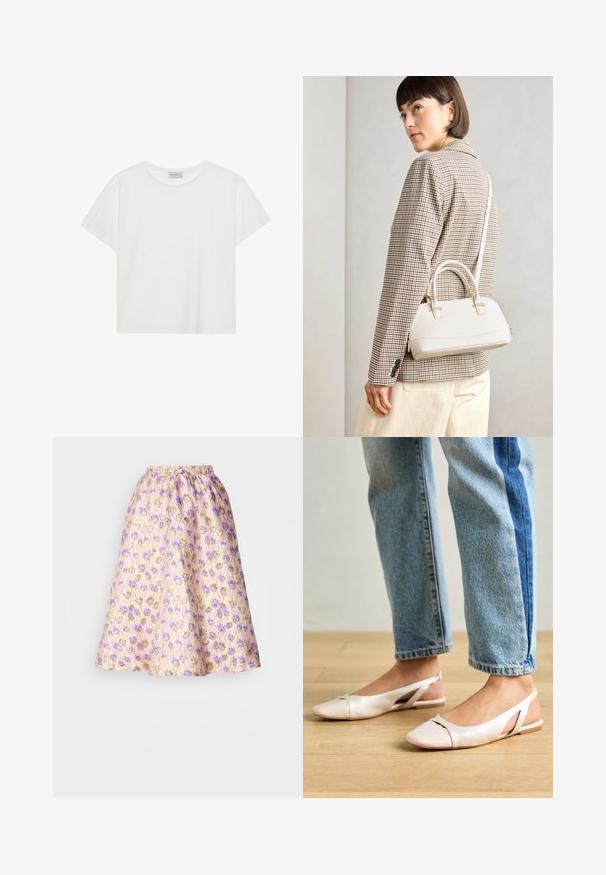 Witte T-shirt met korte mouwen, gemaakt van zachte katoen. Heeft een ronde halslijn en een relaxte pasvorm. Schoon ontwerp zonder zichtbare patronen of accenten.; Een pastelroze rok met een bloemendessin in paars en gouden accenten, met een elastische tailleband en een uitlopende A-lijn silhoutte.; Zachtroze slingback ballerina's met een spitse neus, gemaakt van een glad leerachtig materiaal. Bevat uitsnijdingen aan de zijkanten en heeft een platte hak.; Witte gestructureerde handtas met korte handvatten en een schouderband, voorzien van gouden hardwareaccenten en een textuurmateriaal, tentoongesteld tegen een grijze achtergrond.
