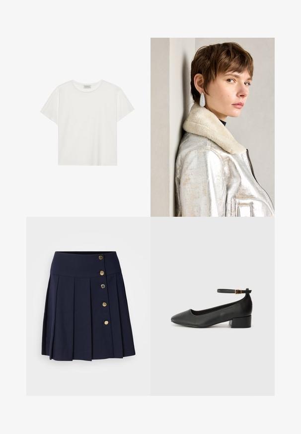 Hvit T-skjorte med kort erm laget av myk bomull. Har rund hals og avslappet passform. Rent design uten synlige mønstre eller aksenter.; Marineblå plissert skjørt med høy midje, med fem gullknapper foran og en jevn tekstur. Passer til ulike anledninger.; Sorte skinnpumper med spiss tå og lav blokkhelt. Har ankelrem med gullfarget spenne. Glatt tekstur.; Sølvmetallisk lærjakke med lammeskinnskrage, med glidelås og strukturert overflate. Store dråpeformede øredobber med klare edelstener.