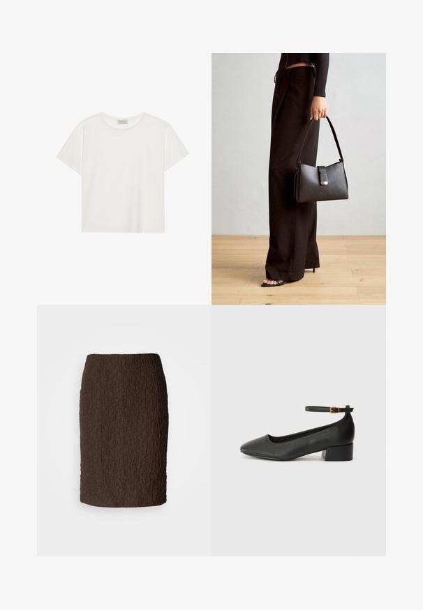 Fehér, rövid ujjú póló, puha pamutból készült. Kerek nyakkivágással és laza szabással rendelkezik. Tiszta dizájn, látható minták vagy díszítések nélkül.; Barna, térdig érő szoknya, amely texturált anyagból készült, gyűrött felülettel. Feszes fazonú, látható zárások vagy díszítések nélkül.; Fekete bőr magassarkú cipő hegyes orral és alacsony tömb sarkal. Bokapánttal rendelkezik, aranyszínű csattal. Simább textúra.; Fekete kézi táska strukturált formával, sima textúrával és fémből készült záródással. Széles fekete nadrággal és nyitott orrú szandállal párosítva, fából készült padlón.