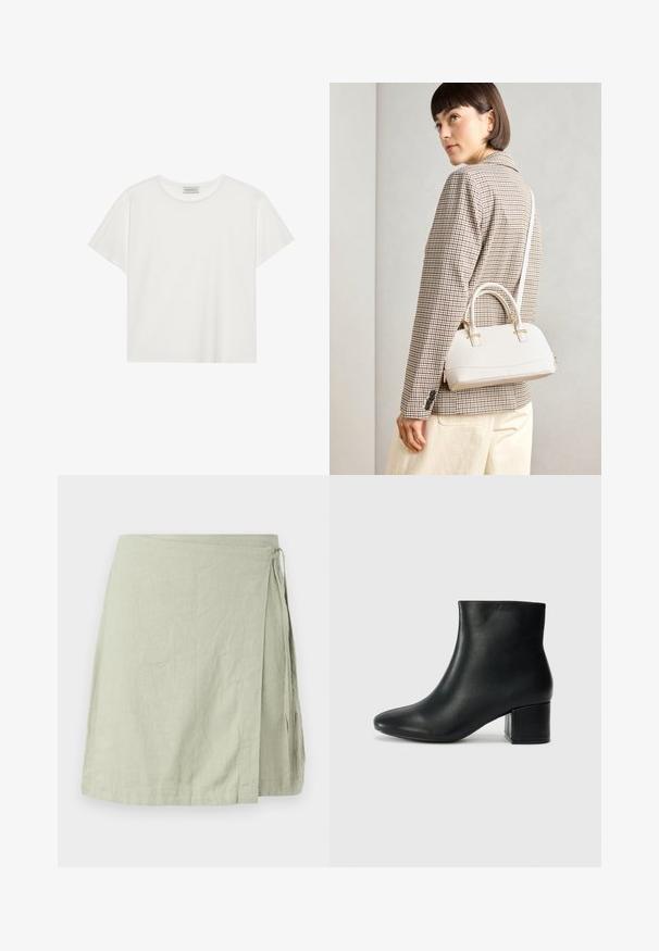 Valge lühikeste varrukatega t-särk, mis on valmistatud pehmest puuvillast. Omab ümmargust kaelust ja mugavat lõiget. Puhtad jooned, ilma nähtavate mustrite või aktsentideta.; Kerge, tekstuuriga kangast kokkuvõtvaid seeliku stiil, pehme rohelise värvusega, mis on varustatud külje sidumisega ja sirge servaga.; Mustad nahast pahkluu saapad terava varbaga ja jämeda kandaga. Sile tekstuur minimaalse aktsentidega ja stiilne, lihvitud disain.; Valge struktureeritud käekott lühikeste käepidemete ja õlavööga, millel on kuldse riistvara aktsendid ja tekstuuriga materjal, eksponeeritud halli taustal.