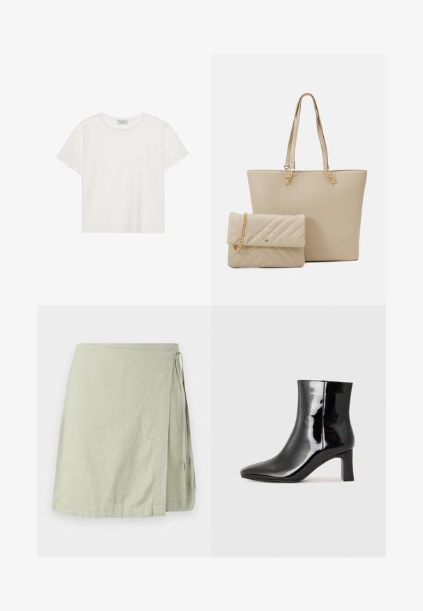 Fehér, rövid ujjú póló, puha pamutból készült. Kerek nyakkivágással és laza szabással rendelkezik. Tiszta dizájn, látható minták vagy díszítések nélkül.; Légies, texturált anyagból készült rakott szoknya, puha zöld színben, oldalt megkötős záródással és egyenes szegéllyel.; Fekete lakk bőrcipő bokáig érő, hegyes orral és közepes magasságú tömbsarokkal. Simább textúrával és minimalista dizájnnal rendelkezik.; Beige tote táska lapos fogantyúkkal, sima textúrával és arany hardverekkel, egy hozzáillő steppelt clutch-csal kombinálva, amely lánc pánttal rendelkezik.