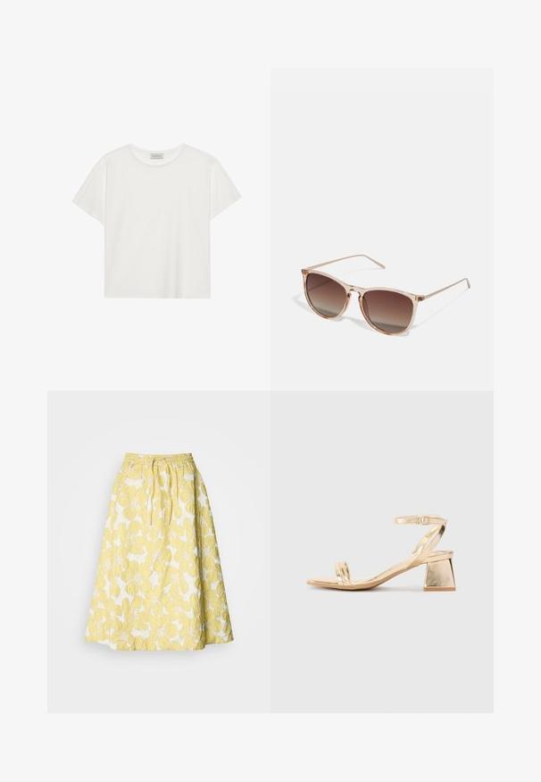 Hvit T-skjorte med kort erm laget av myk bomull. Har rund hals og avslappet passform. Rent design uten synlige mønstre eller aksenter.; Gul blomsterkjole med en teksturert overflate, med en samlet midje og en kne-lengde A-linjeform. Mønstre av store gule blomster på en hvit bakgrunn.; Gylne metalliske hælsandaler med en vinkelret blokhæl, to stropper over foten og en justerbar ankelstropp. Jevn tekstur.; Brune gradient solbriller med en gennemsigtig pink ramme, firkantet facon og tynde metalarme. Har afrundede kanter og minimal detaljering.; Hvit strukturert håndveske med korte håndtak og skulderreim, med detaljer i gullfinish og teksturert materiale, vist mot en grå bakgrunn.