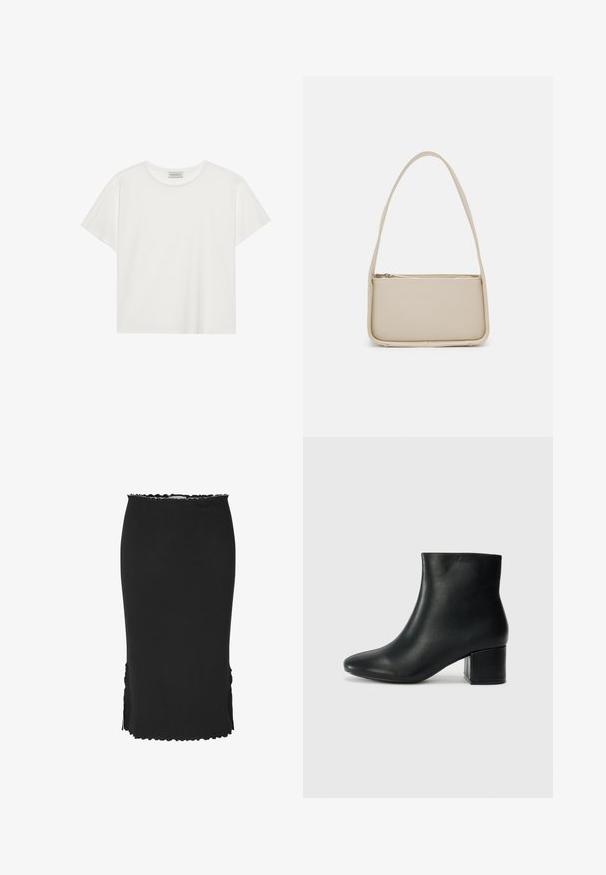 Hvit T-skjorte med kort erm laget av myk bomull. Har rund hals og avslappet passform. Rent design uten synlige mønstre eller aksenter.; Svart ankellang skjørt laget av et teksturert stoff, med bølget kant og sidespalter for bevegelsens letthet.; Sorte skinn ankelsko med spiss tå og chunky hæl. Glatt tekstur med minimale detaljer og et elegant, tettsittende design.; Even&Odd Håndveske - off white