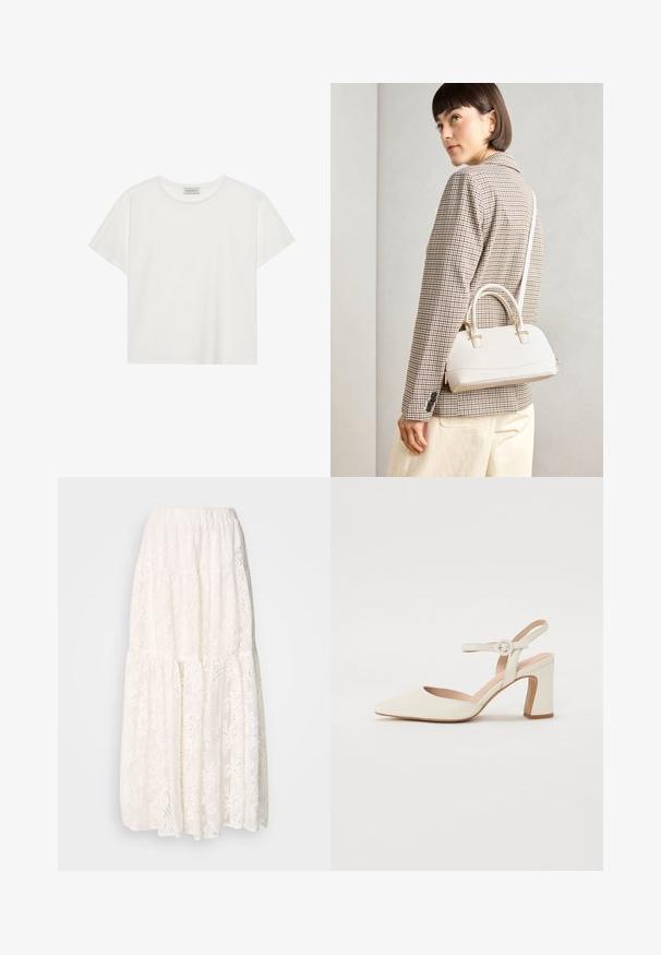 Balts īsām piedurknēm T-krekls, kas izgatavots no mīksta kokvilnas. Tam ir apaļš izgriezums un brīvs piegriezums. Tīrs dizains bez redzamām rakstiem vai akcentiem.; Balta mežģīņu maxi svārki ar slāņotu dizainu, elastīgu jostasvannu un sarežģītiem ziedu rakstiem visā virsmas. Viegls un teksturēts audums.; Punktēta purngala krēmkrāsas kurpe ar blokveida papēdi. Iezīmē plānu potītes siksniņu ar apaļu sprādzi un gludu ādas faktūru.; Balta strukturēta roku soma ar īsām rokturiem un plecu siksnu, ar zelta aparatūras akcentiem un strukturētu materiālu, izstādīta uz pelēka fona.