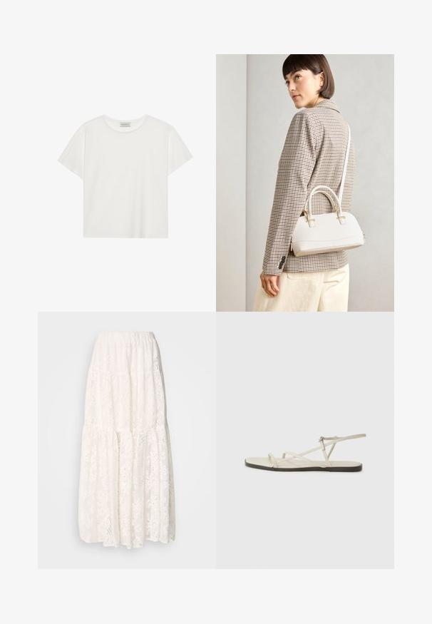 Bílé tričko s krátkým rukávem vyrobené z měkké bavlny. Má kulatý výstřih a volný střih. Čistý design bez viditelných vzorů nebo akcentů.; Bílá krajková maxi sukně s vrstveným designem, elastickým pasem a propracovanými květinovými vzory po celé délce. Lehká a strukturovaná tkanina.; Béžové ploché sandály s několika štíhlými pásky a nastavitelnou přezkou. Podešev je plochá s mírným tmavým kontrastem na okraji.; Bílá strukturovaná kabelka s krátkými uchy a ramenním popruhem, zdobená zlatými kovovými prvky a texturovaným materiálem, vystavená na šedém pozadí.; Zign 2 PACK - Náramek - gold-coloured/silver-coloured
