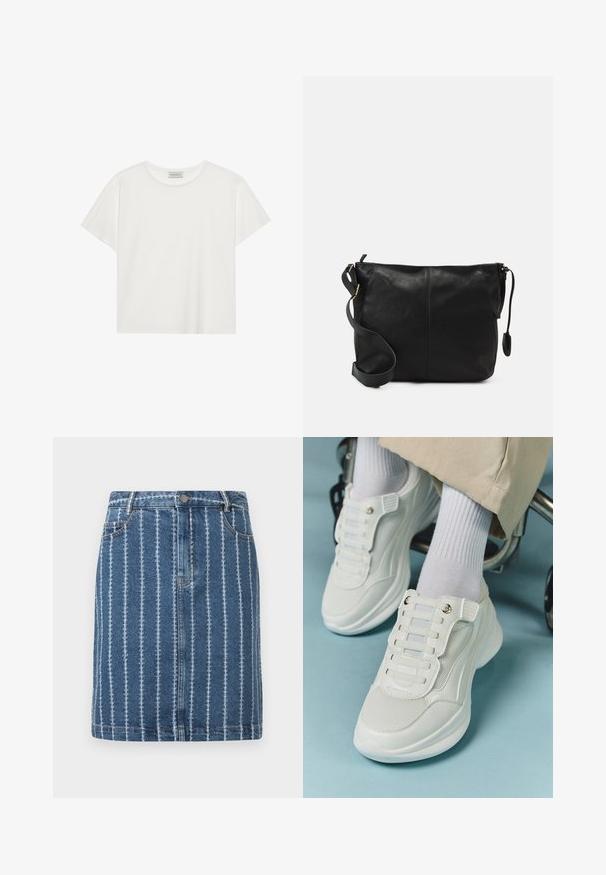 Camiseta blanca de manga corta hecha de suave algodón. Presenta un escote redondo y un corte relajado. Diseño limpio sin patrones o acentos visibles.; Falda de mezclilla con rayas blancas verticales, con pretina, bolsillos frontales y corte recto. Tejido azul con una textura ligeramente desgastada.; Zapatillas blancas con material de malla, suela de goma, diseño sin cordones con bandas elásticas y detalles en tono dorado.; Bolso cruzado de cuero negro con forma plana, acentos de hardware dorado y correa ajustable. Textura suave con detalles de costura mínimos.