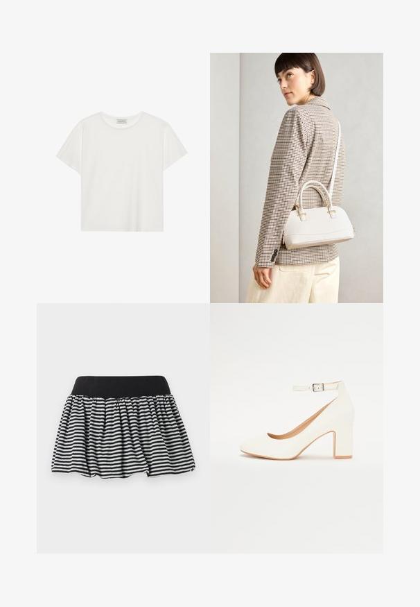 Valkoinen lyhythihainen T-paita, joka on valmistettu pehmeästä puuvillasta. Siinä on pyöreä kaula-aukko ja rento istuvuus. Siisti muotoilu ilman näkyviä kuvioita tai yksityiskohtia.; Mustavalkoinen raidallinen hame, jossa on kerrostettu muotoilu ja joustava vyötärö, valmistettu pehmeästä materiaalista. Hameessa on levenevä muoto, joka tuo täyteläisyyttä.; Valkoiset korkokengät, joissa on terävä kärki, paksu korko ja nilkkastrappi. Sileä viimeistely hienovaraisella kiillolla ja beige sisus.; Valkoinen rakenteellinen käsilaukku, jossa on lyhyet kahvat ja olkahihna, varustettu kultaisilla metalliosilla ja tekstuurilla, esillä harmaata taustaa vasten.